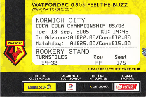 Ticket Watford FC - Norwich City, Championship, 13.09.2005
