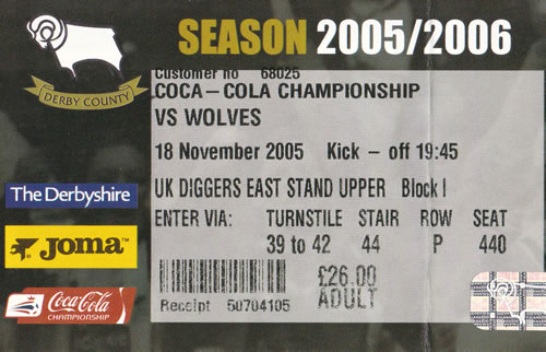 Ticket Derby County - Wolverhampton Wanderers, Championship, 18.11.2005