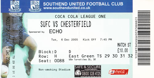 Ticket Southend Utd - Chesterfield FC, League One, 06.12.2005