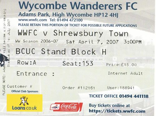 Ticket Wycombe Wanderers - Shrewsbury Town, League Two, 07.04.2007