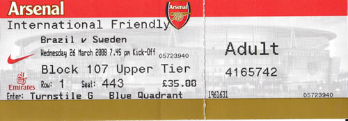 Ticket Brasilien - Sweden, Freundschaftsspiel, 26.03.2008