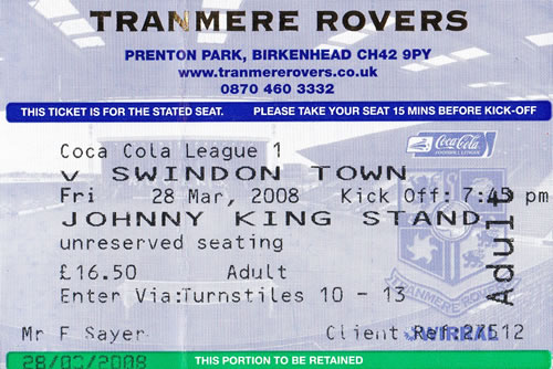 Ticket Tranmere Rovers - Swindon Town, League One, 28.03.2008