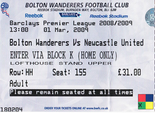 Ticket Bolton Wanderers - Newcastle United, Premier League, 01.03.2009