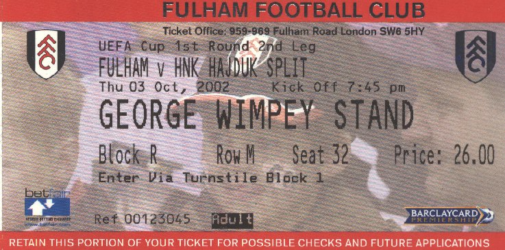 Ticket Queens Park Rangers - Hajduk Split, UEFA Cup, 03.10.2002