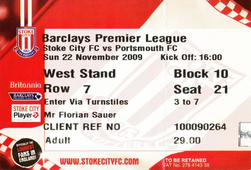 Ticket Stoke City - Portsmouth FC, Premier League, 22.11.2009