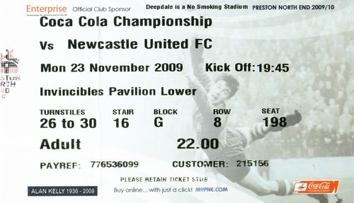 Ticket Preston North End - Newcastle Utd, Championship, 23.11.2009