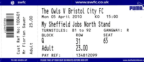 Ticket Sheffield Wednesday - Bristol City, Championship, 05.04.2010