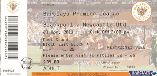 Ticket Blackpool FC - Newcastle United, Premier League, 23.04.2011