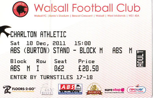 Ticket Walsall FC - Charlton Athletic, League One, 10.12.2011