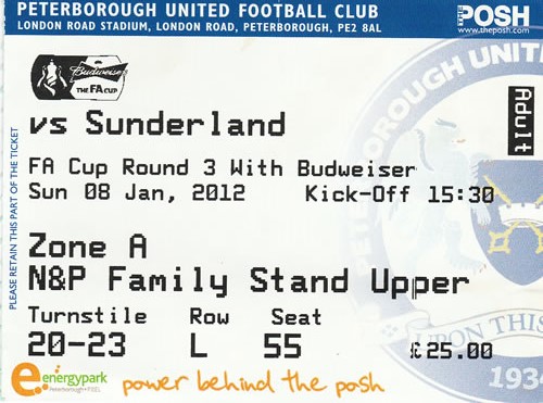 Ticket Peterborough United - Sunderland AFC, FA Cup, 08.01.2012