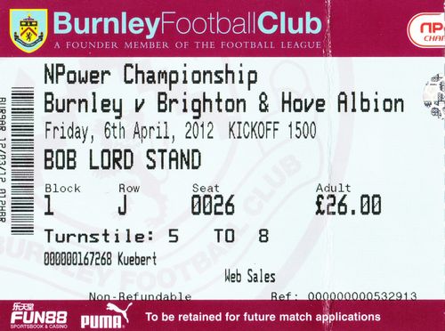 Ticket Burnley FC - Brighton & Hove Albion, Championship, 06.04.2012