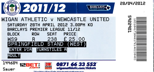 Ticket Wigan Athletic - Newcastle United, Premier League, 28.04.2012