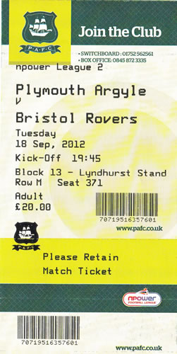 Ticket Plymouth Argyle - Bristol Rovers, League Two, 18.09.2012