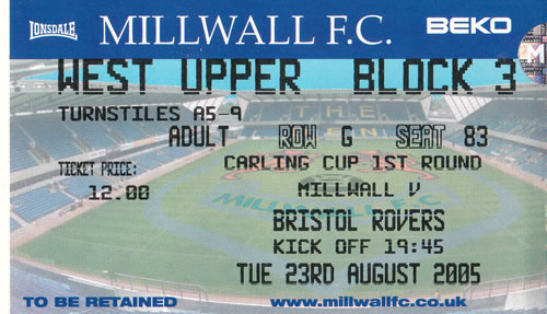 Ticket Millwall FC - Bristol Rovers, League Cup, 23.08.2005