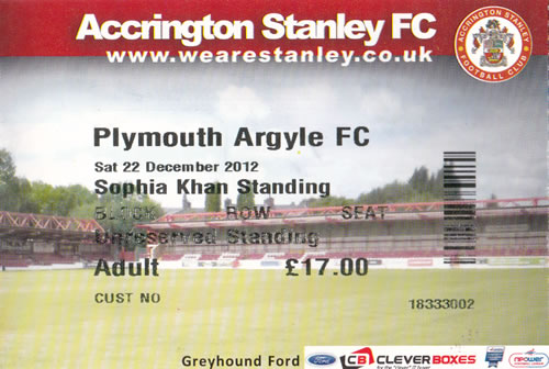 Ticket Accrington Stanley - Plymouth Argyle, League Two, 22.12.2012