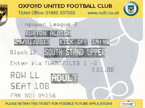Ticket Oxford United - Burton Albion, League Two, 29.01.2013