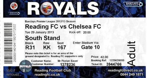 Ticket Reading FC - Chelsea FC, Premier League, 30.01.2013
