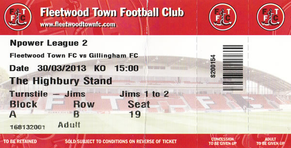 Ticket Fleetwood Town - Gillingham FC, League Two, 30.03.2013