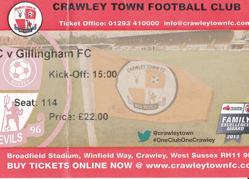 Ticket Crawley Town - Gillingham FC, League One, 07.09.2013