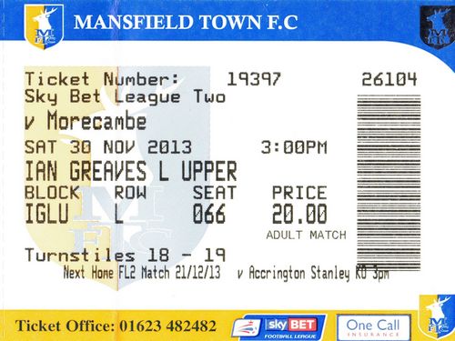 Ticket Mansfield Town - Morecambe FC, League Two, 30.11.2013