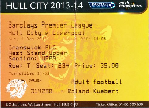 Ticket Hull City - Liverpool FC, Premier League, 01.12.2013