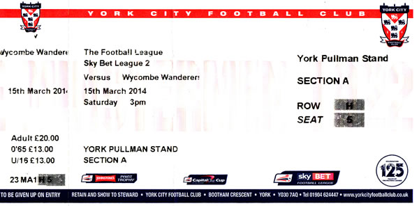 Ticket York City - Wycombe Wanderers, League Two, 15.03.2014